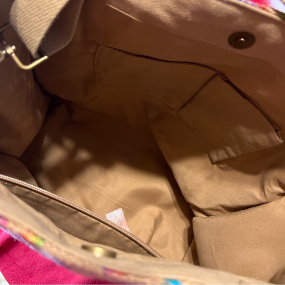 Rainbow metallic leopard handstamped jute tote with adjustable, cross body nwot - Picture 9 of 13